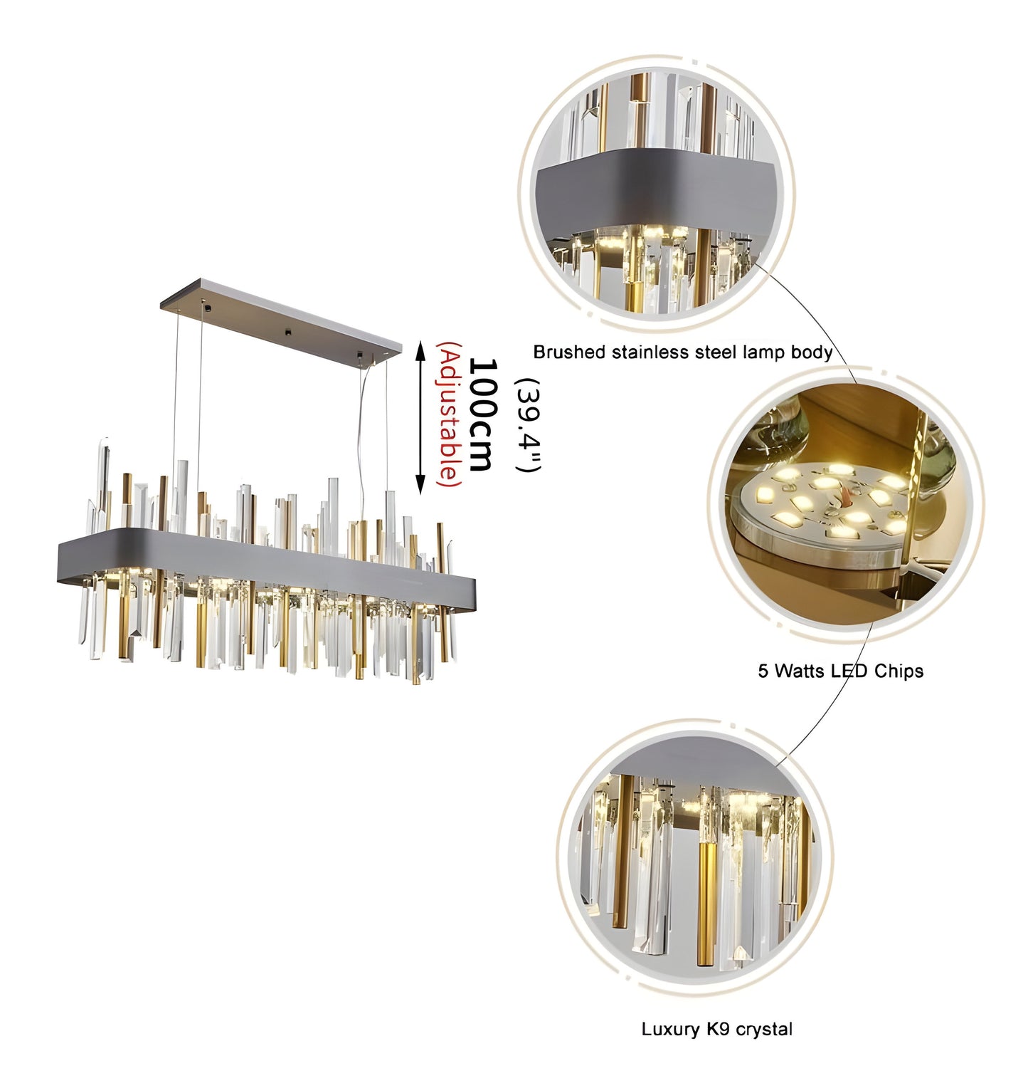 Gold And Black Rectangle Crystal Kitchen Chandelier, Brushed Gold, 43.3", Cool LightBy Miron Demid LLC
