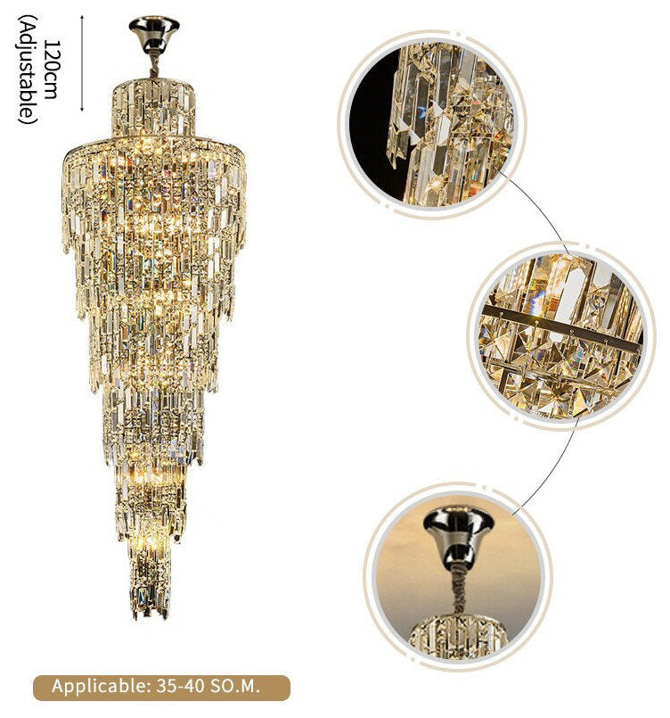 Moneglia | Chic Long Spiral Crystal Pendant Chandelier, Gold, H137.8"By Miron Demid LLC