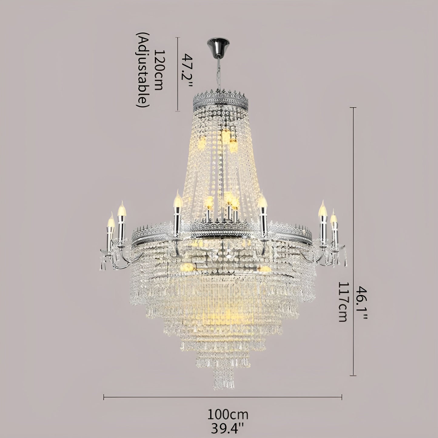 Opio | Classical Large Crystal Candle Ceiling Chandelier, Chrome, Dia23.6" H34.6", Dimmable, Warm LightBy Miron Demid LLC