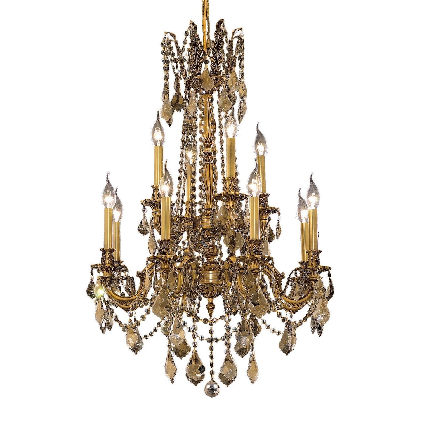 French Gold Twelve-Light 24-Inch Chandelier with Royal Cut Golden Teak Smoky Crystal