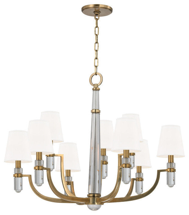Dayton, Nine Light Chandelier, Aged Brass Finish, White Faux Silk ShadeBy Hudson Valley Lighting