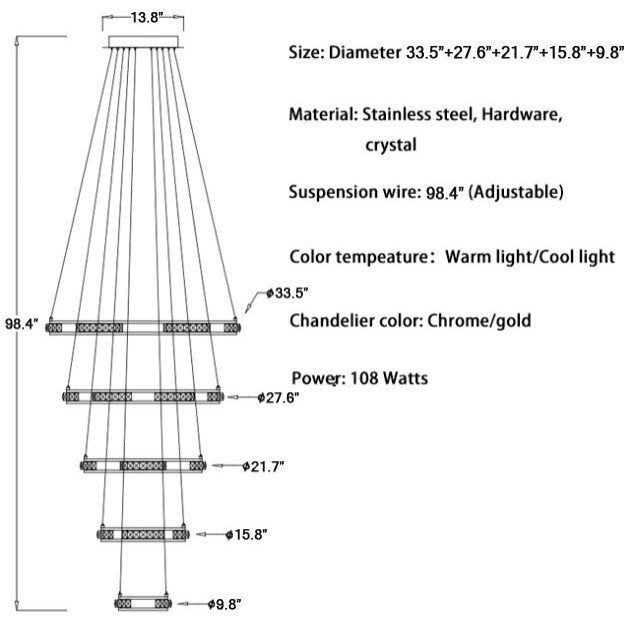 Verbania | Luxury Cascade Crystal Rings LED Chandelier, 33.5*27.6*21.7*15.8*9.8''By Miron Demid LLC
