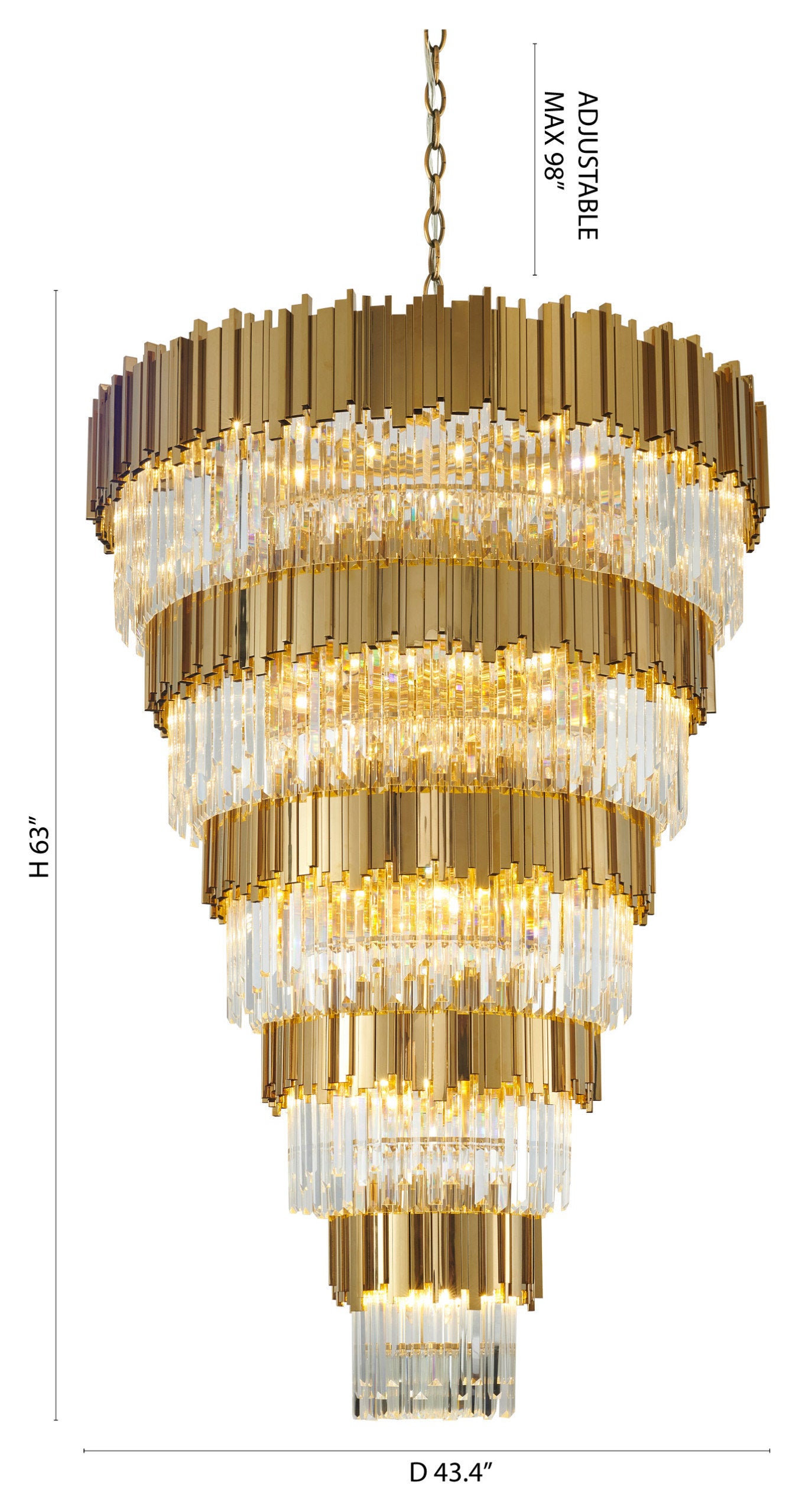 D60" 5-Tier Shiny Gold Frame Chandelier With Clear Hanging CrystalsBy Design Living
