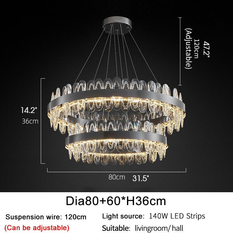 Irma | Modern Creative Round Hanging Crystal LED Chandelier for Living Room, Black, 2 Rings Dia31.5", Cool Light, Non-DimmableBy Miron Demid LLC