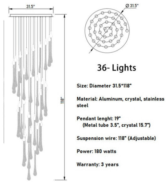 Luxury modern crystal chandelier for staircase, living space, bathroom., 36 LightsBy Akari Lanterns
