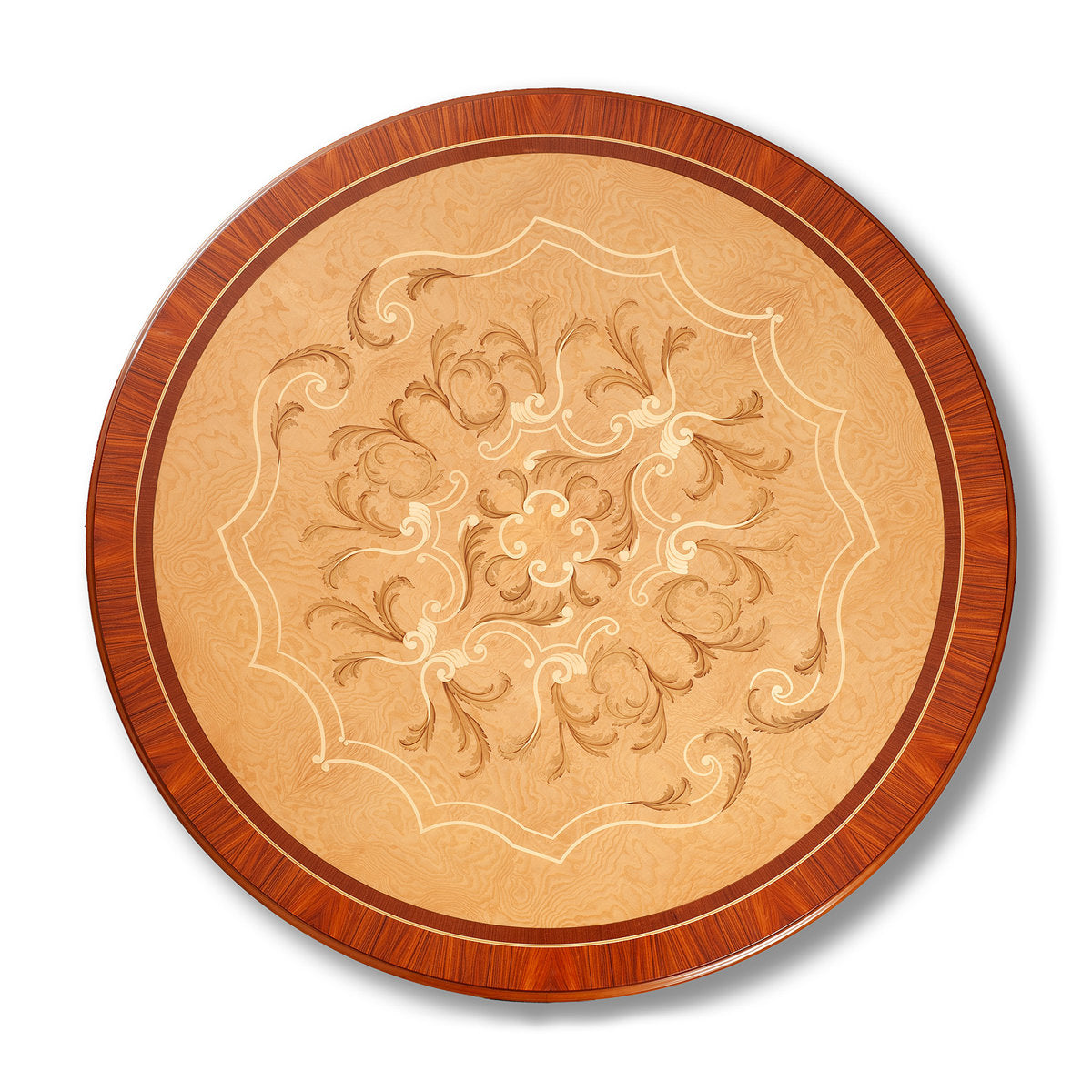 Italian Olive Ash & Rosewood Marquetry Round Dining Table with Gilt Pedestal