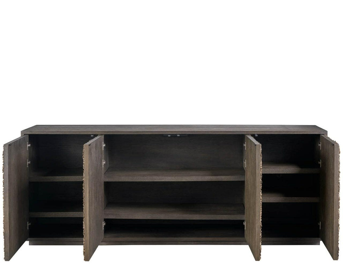 Modern Blossom 96" Wide Dark Oak Leather Petal Credenza