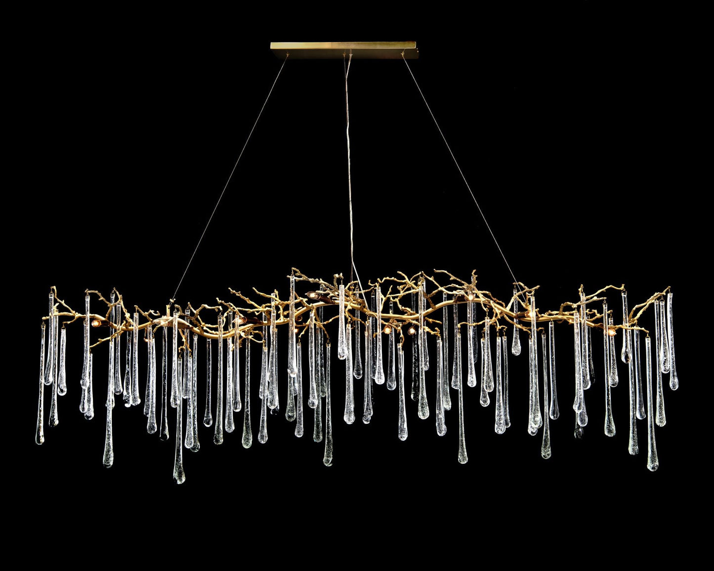 Brass and Glass Teardrop 84" Wide 14-Light Island Chandelier