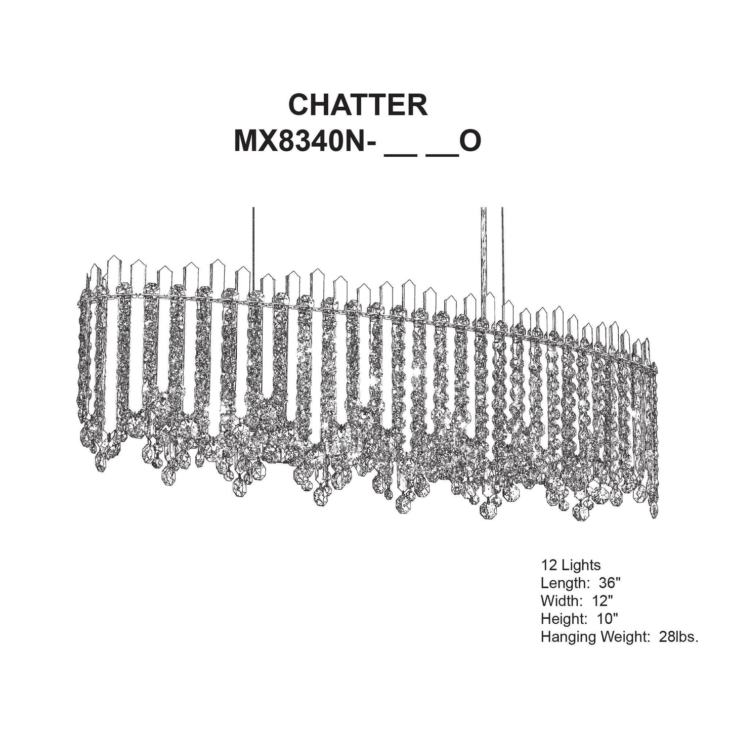 Chatter 10"H x 36"W 12-Light Crystal Linear Pendant in Gold Mirro