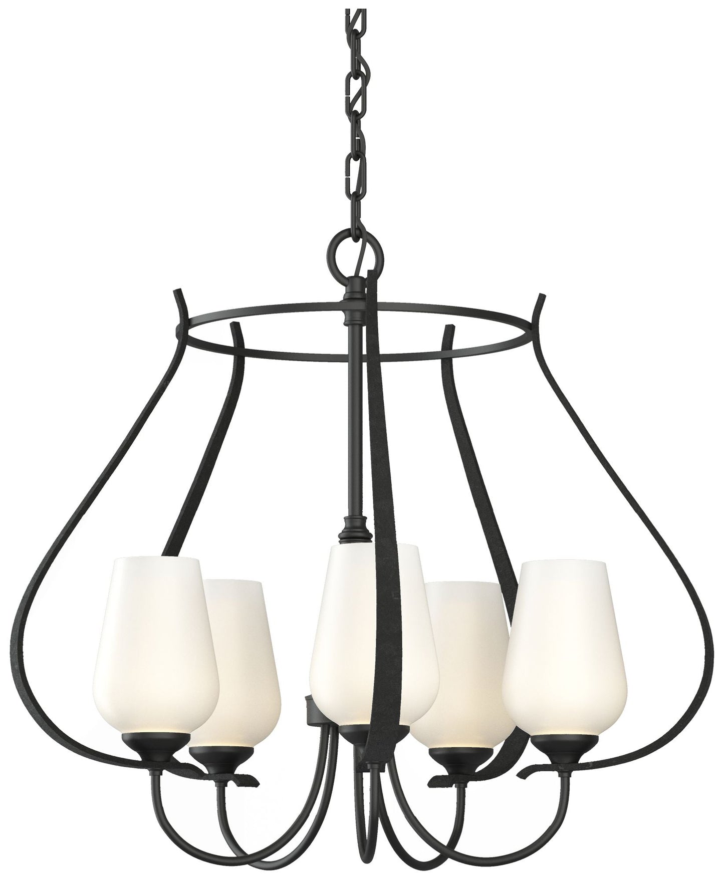 Flora 22.2" Wide 5 Arm Round Black Chandelier With Opal Glass