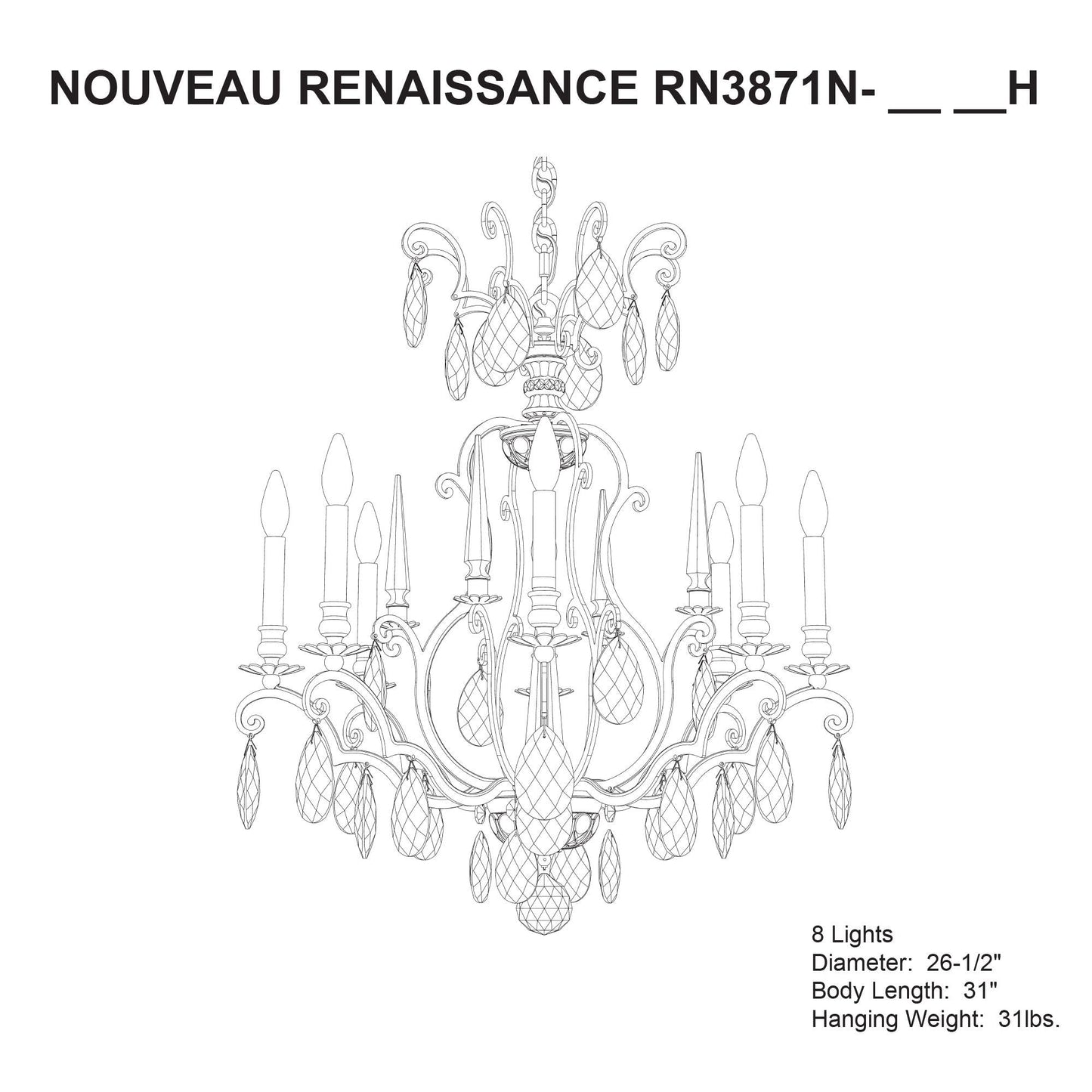Renaissance Nouveau 31"H x 32"W 8-Light Crystal Chandelier in Bla