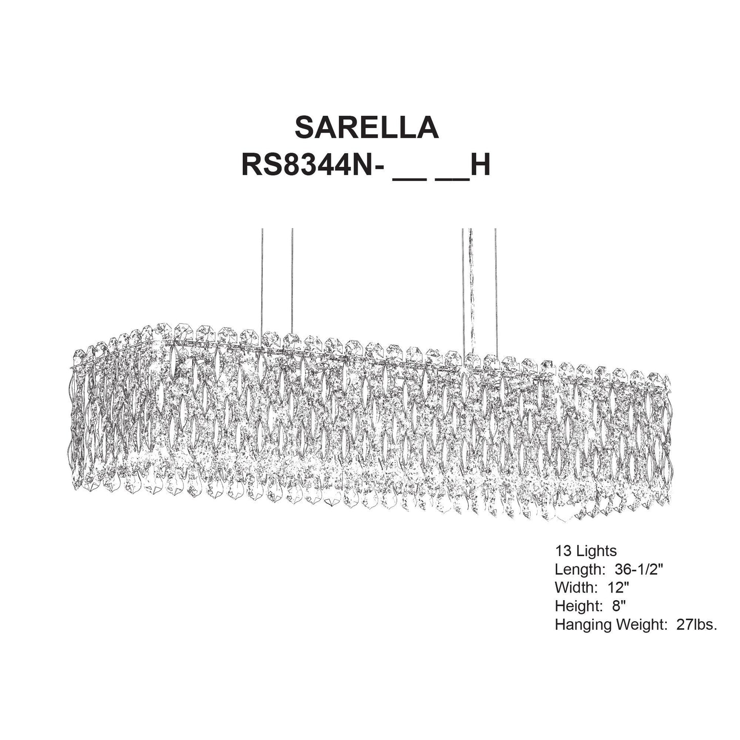 Sarella 8"H x 36.5"W 13-Light Crystal Linear Chandelier in Antiqu