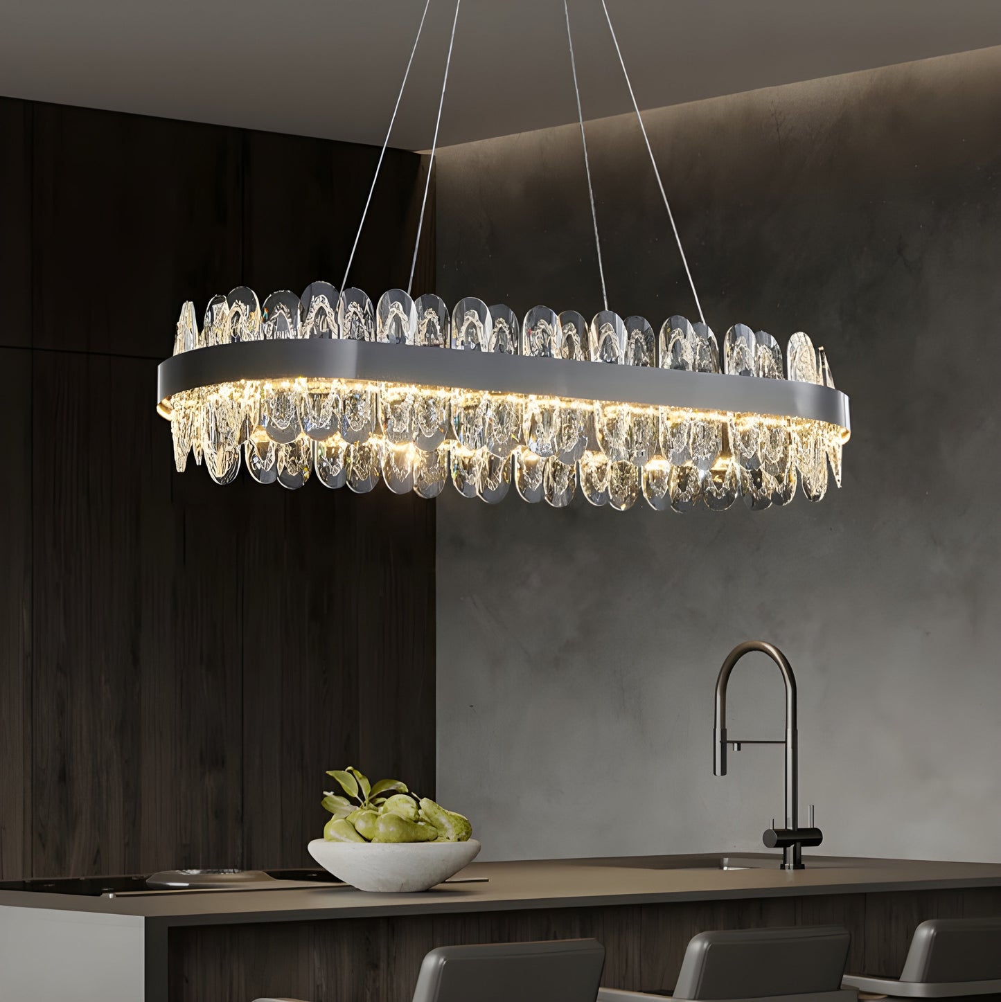 Agna | Creative Rectangle Hanging Crystal LED Chandelier for Living Room, Black, Large - L47.2" / L120cm, Cool Light, DimmableBy Miron Demid LLC