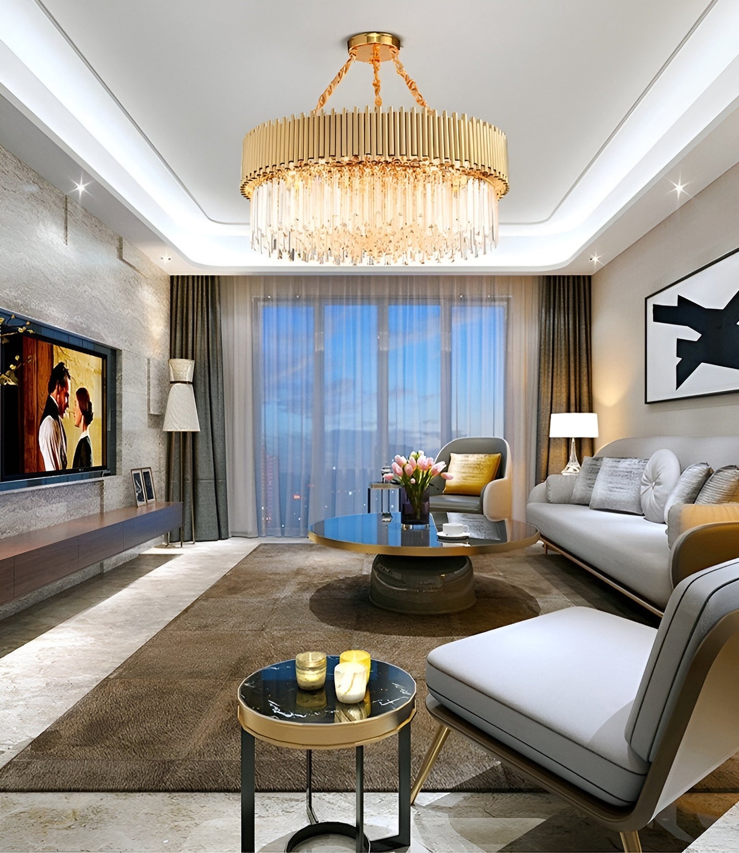 La Neuveville | Drum Gold Crystal Chandelier for Bedroom, 39.4", Cool LightBy Miron Demid LLC