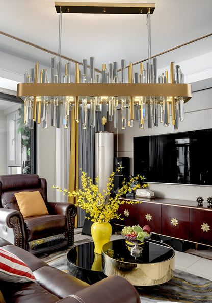 Gold And Black Rectangle Crystal Kitchen Chandelier, Brushed Gold, 43.3", Cool LightBy Miron Demid LLC