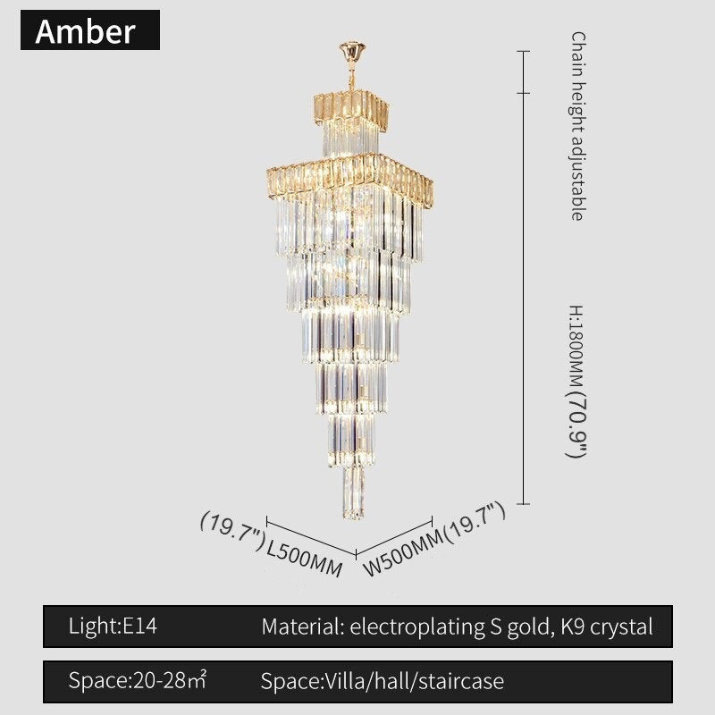 Beuil | High-end Villa Staircase Square Crystal Chandelier, Amber, H70.9"By Miron Demid LLC