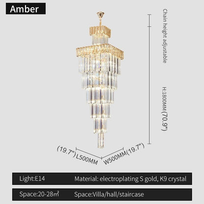 Beuil | High-end Villa Staircase Square Crystal Chandelier, Amber, H70.9"By Miron Demid LLC