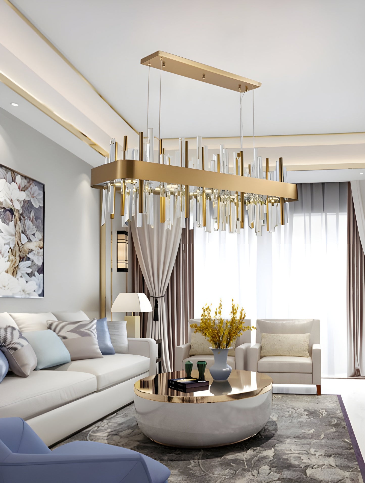 Gold And Black Rectangle Crystal Kitchen Chandelier, Brushed Gold, 43.3", Cool LightBy Miron Demid LLC