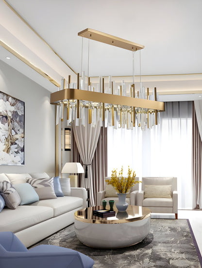 Gold And Black Rectangle Crystal Kitchen Chandelier, Brushed Gold, 43.3", Cool LightBy Miron Demid LLC