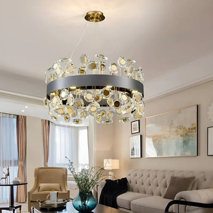 Art Deco Round Crystal Chandelier For The Living Room, Black, 39.4"By Miron Demid LLC