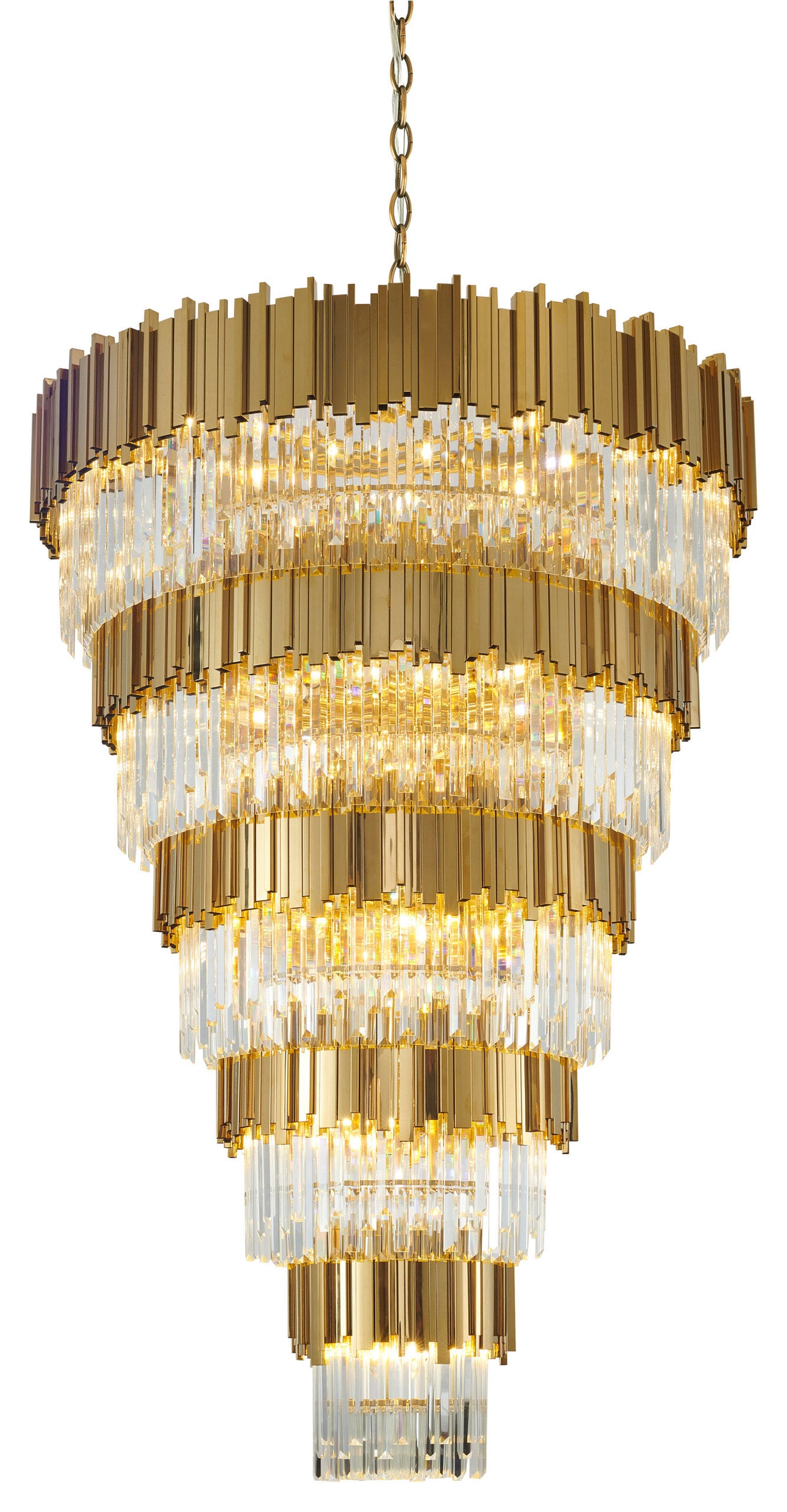 D60" 5-Tier Shiny Gold Frame Chandelier With Clear Hanging CrystalsBy Design Living