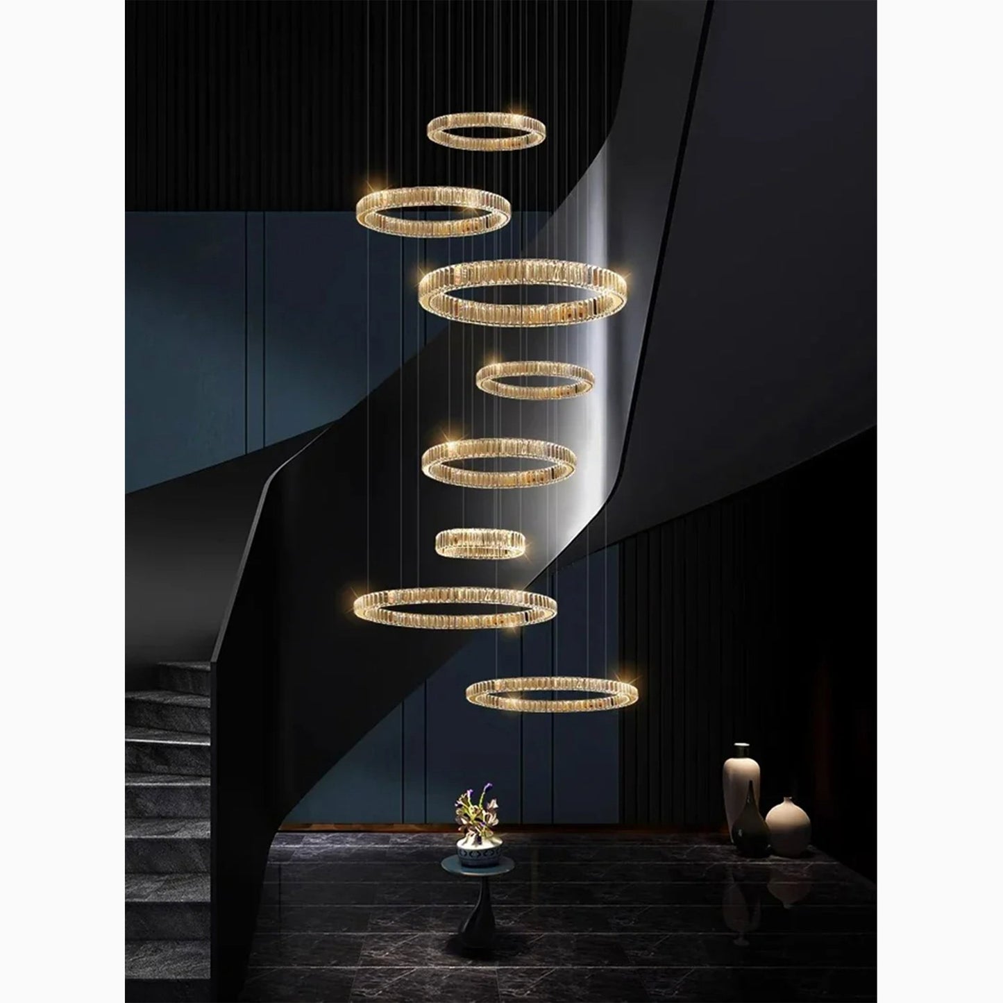 Agrate Conturbia | Stunning Cascading Crystal Rings Pendant Chandelier, Dia19.7+27.6+11.8+19.7+11.8'By Miron Demid LLC
