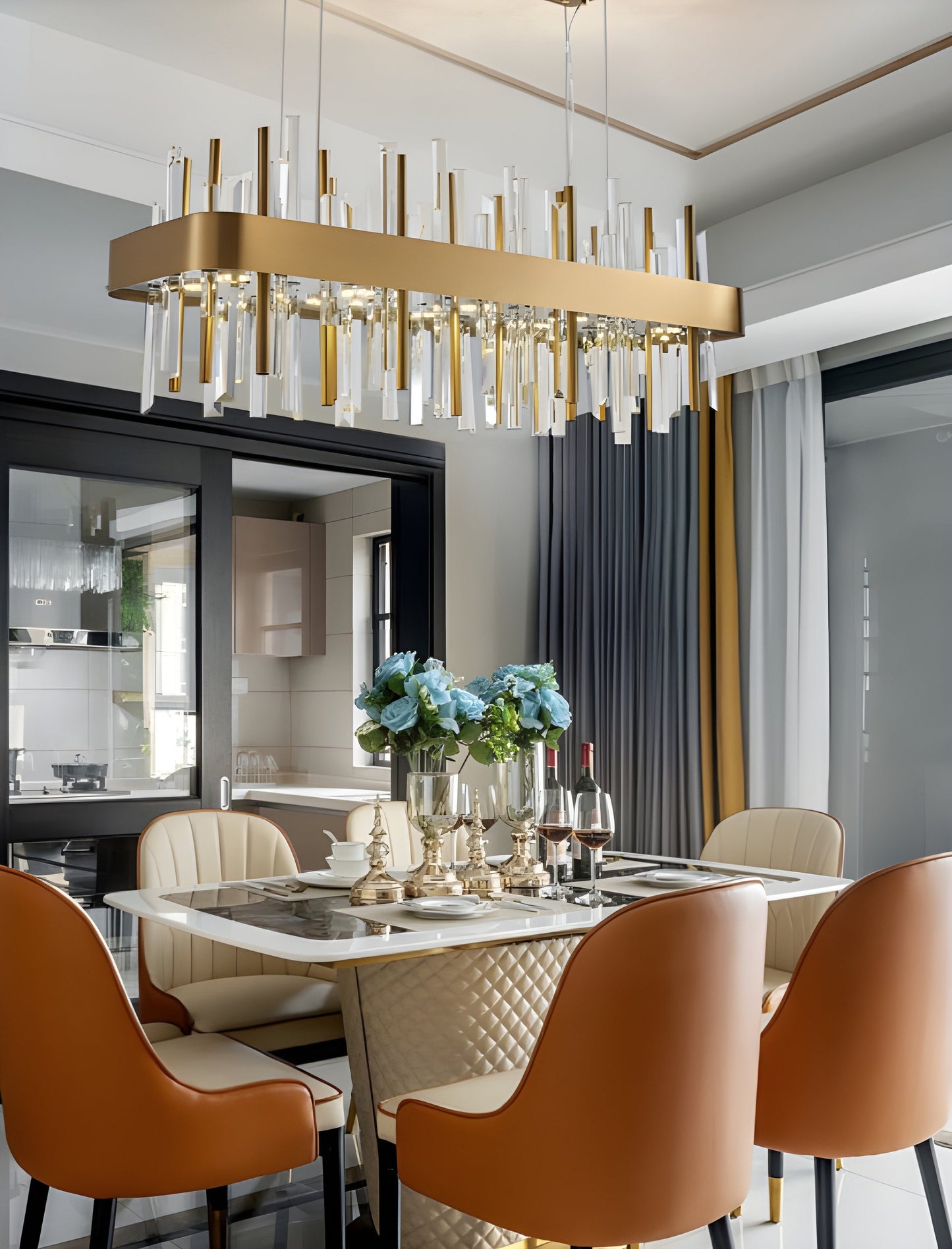 Gold And Black Rectangle Crystal Kitchen Chandelier, Brushed Gold, 43.3", Cool LightBy Miron Demid LLC