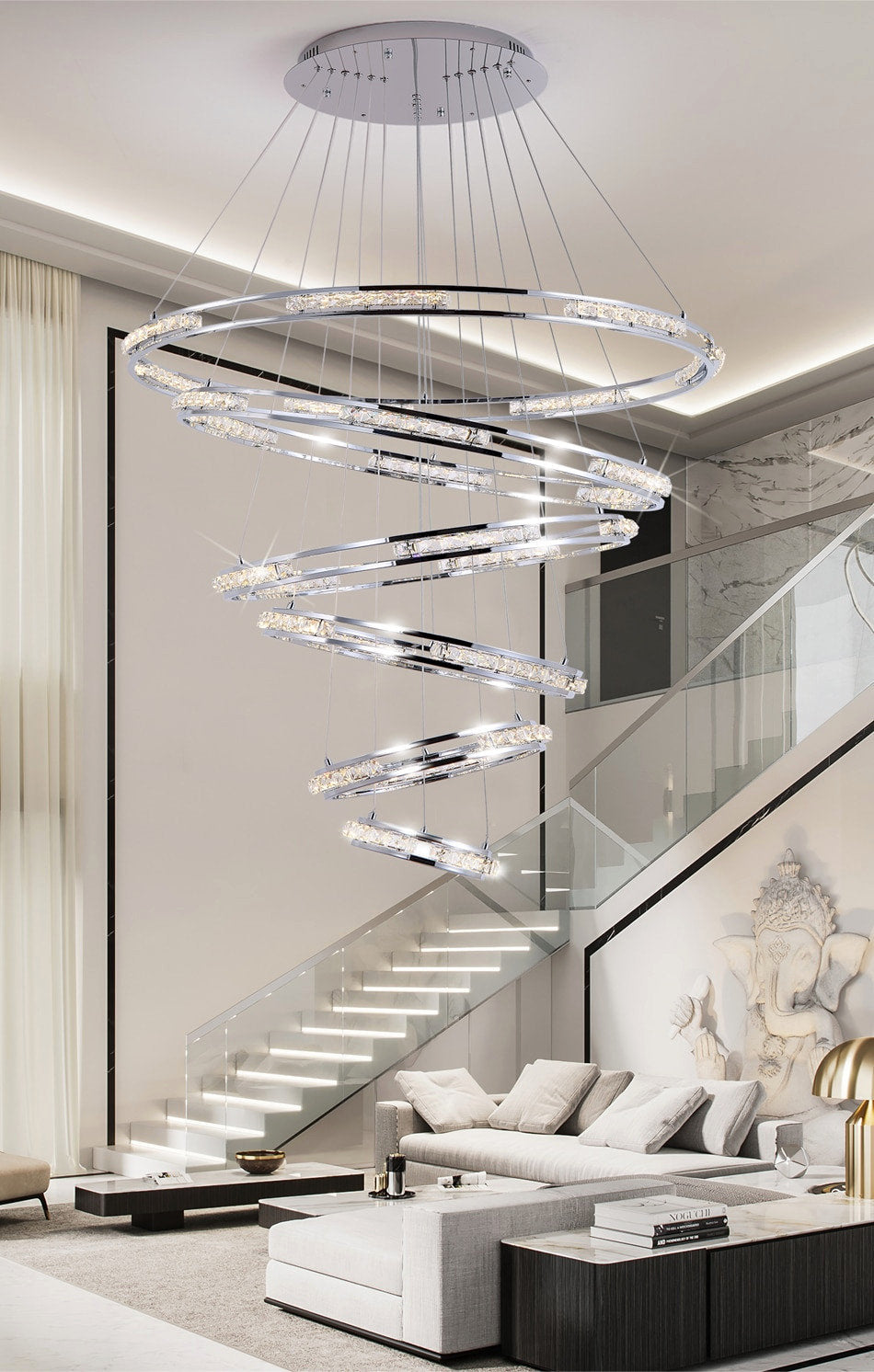 Verbania | Luxury Cascade Crystal Rings LED Chandelier, 33.5*27.6*21.7*15.8*9.8''By Miron Demid LLC
