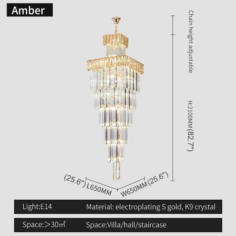 Beuil | High-end Villa Staircase Square Crystal Chandelier, Amber, H82.7"By Miron Demid LLC