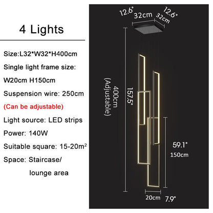Lavagna | Ultramodern Rectangle Hanging LED Chandelier, Gold, 4 Lights (H157.5"), Cool Light, Non-DimmableBy Miron Demid LLC