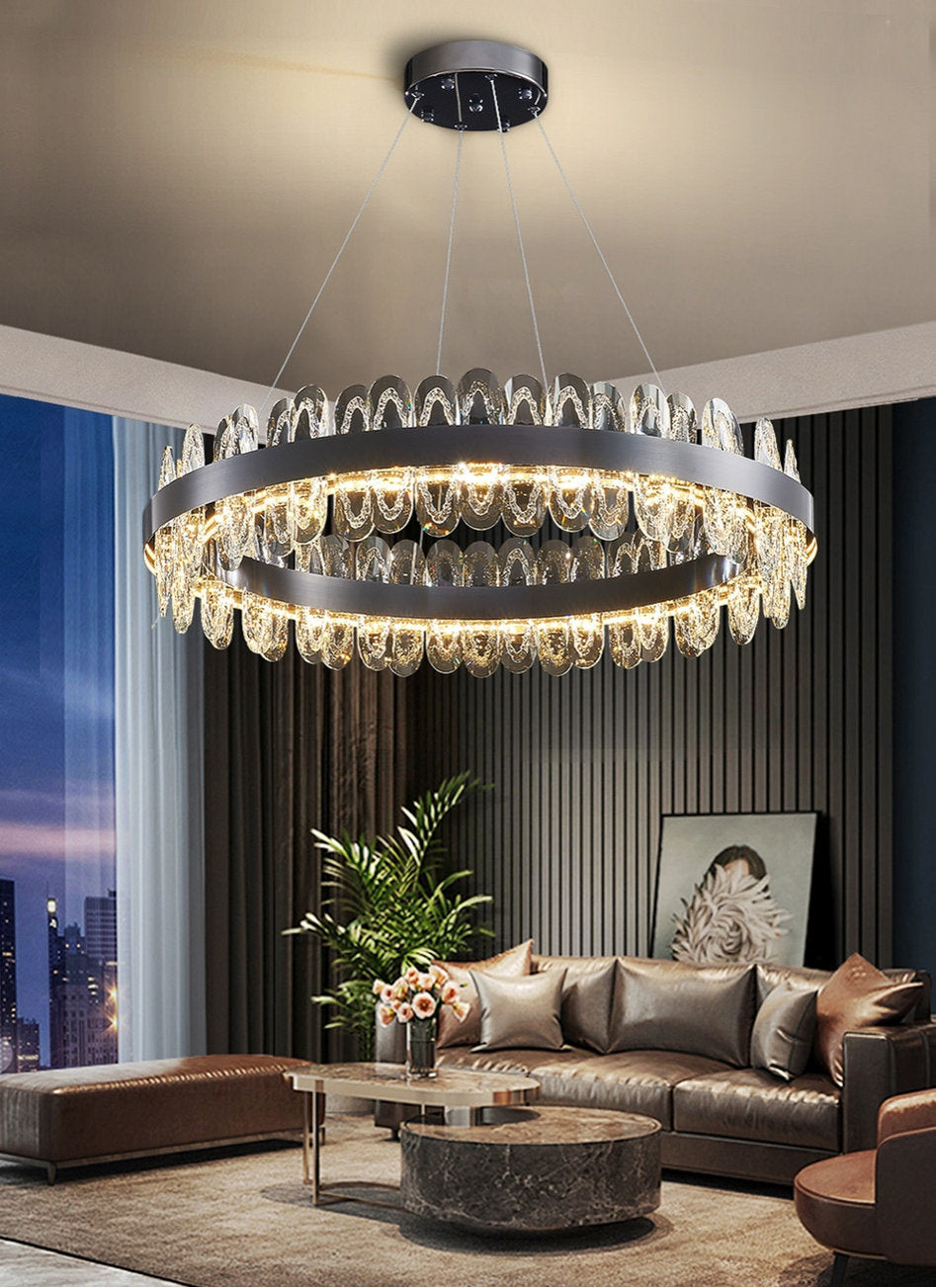 Irma | Modern Creative Round Hanging Crystal LED Chandelier for Living Room, Black, 2 Rings Dia31.5", Cool Light, Non-DimmableBy Miron Demid LLC