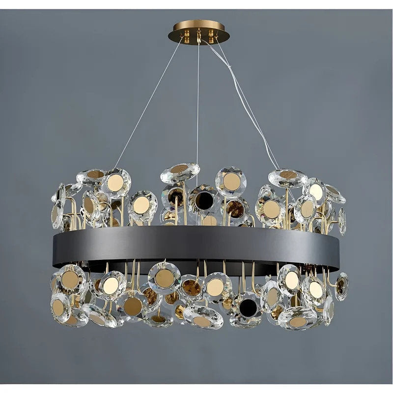 Art Deco Round Crystal Chandelier For The Living Room, Black, 39.4"By Miron Demid LLC