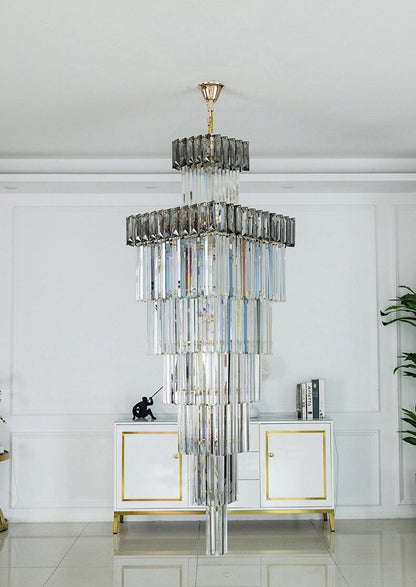 Beuil | High-end Villa Staircase Square Crystal Chandelier, Smoke Gray, H55.1"By Miron Demid LLC