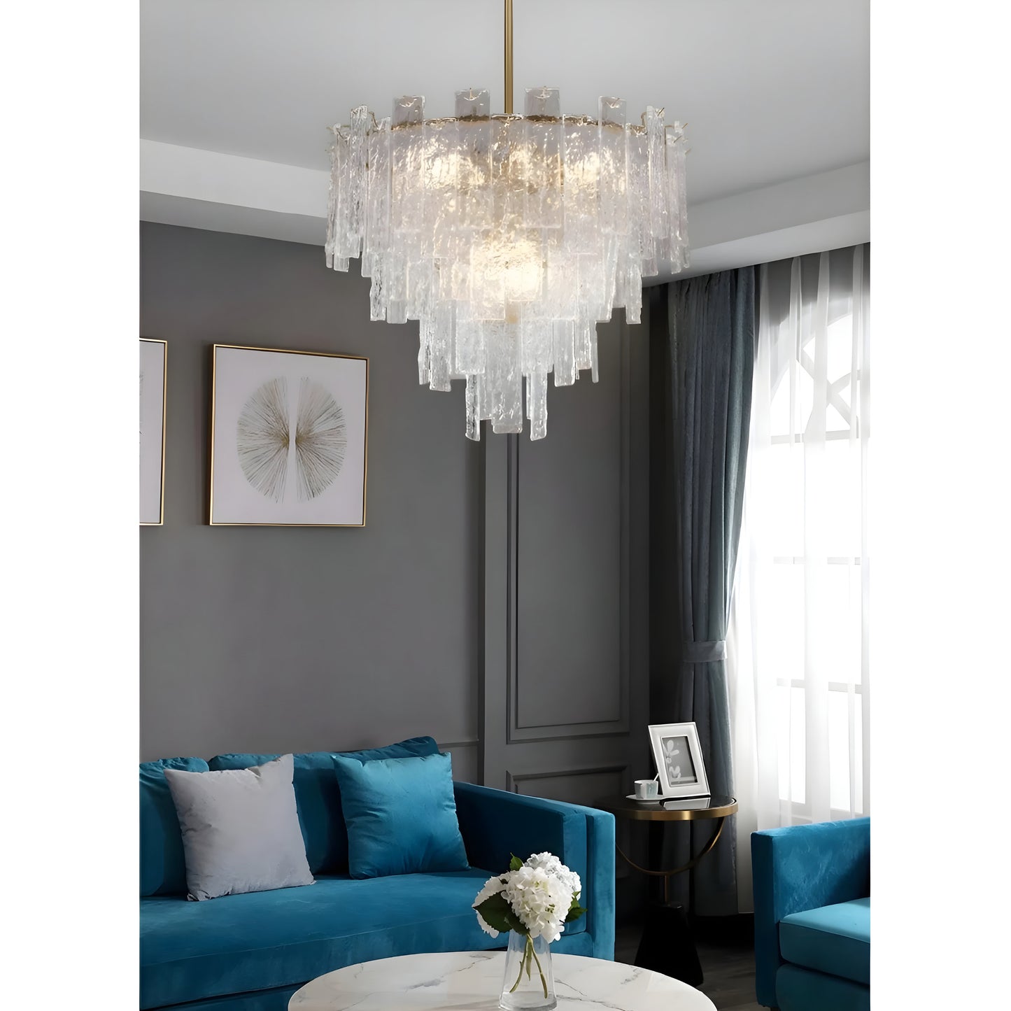 Torhout | Rectangle/Round Frosted Glass Hanging Chandelier for Living Room, Dia31.5", Warm Light / Non-DimmableBy Miron Demid LLC