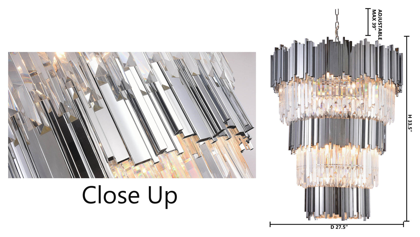 3-Tier Chrome Bar Rod Frame Chandelier, Clear Crystal DropsBy Design Living