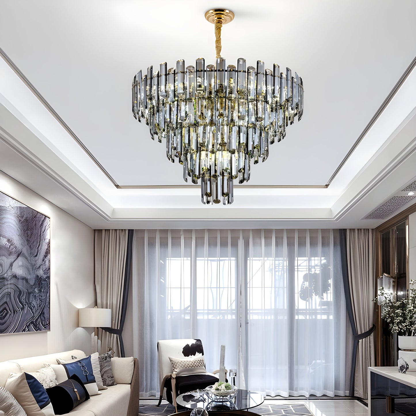 Amriswil | Contemporary Smoky Gray Chandelier for Living Room, Clear Crystal, 31.5''By Miron Demid LLC