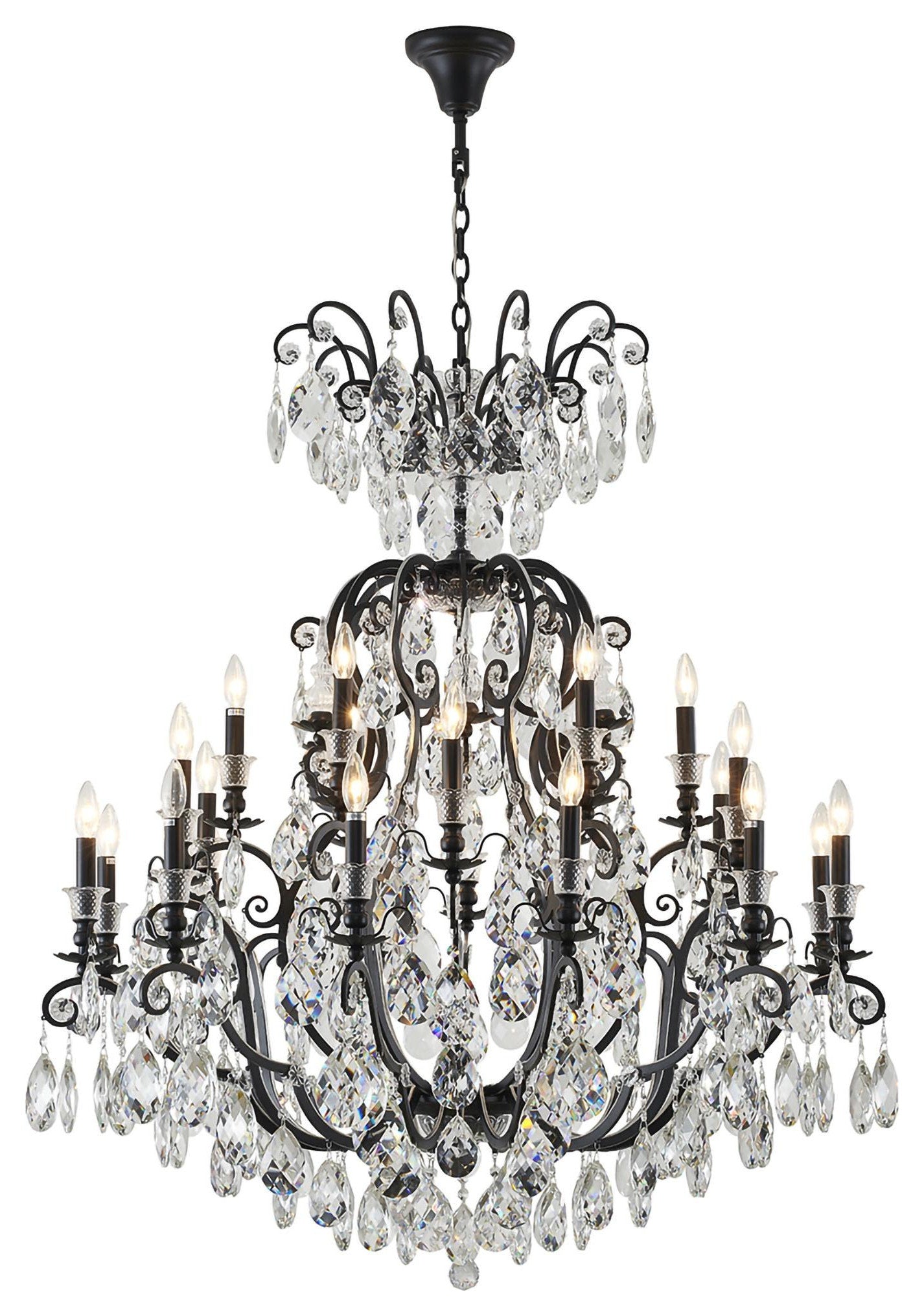 24-Light Matte Black Chandelier With Clear Hanging CrystalsBy Design Living
