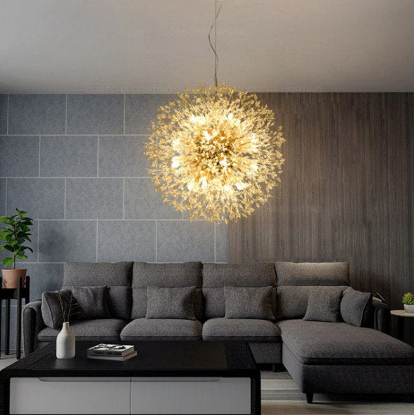 Crystal Dandelion Chandelier Lighting, Gold, D30"By Akari Lanterns