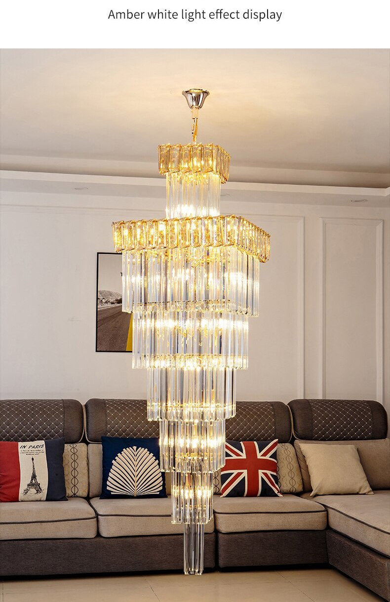 Beuil | High-end Villa Staircase Square Crystal Chandelier, Amber, H157.5"By Miron Demid LLC