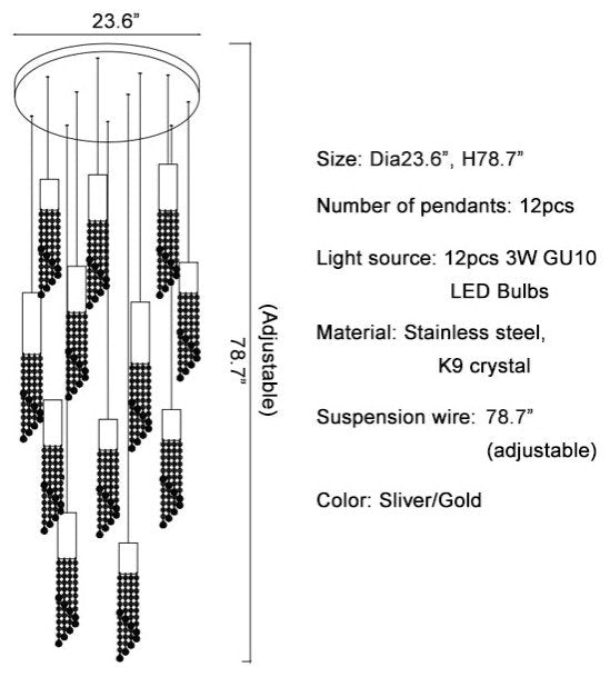 Monterosso | Hanging Crystal Light Fixture, Chrome, 12 Lights, Cool Light 6000kBy Miron Demid LLC