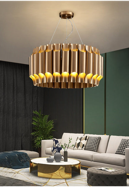 Sartene | Drum Brushed Gold Stainless Steel Chandelier, 31.5''By Miron Demid LLC