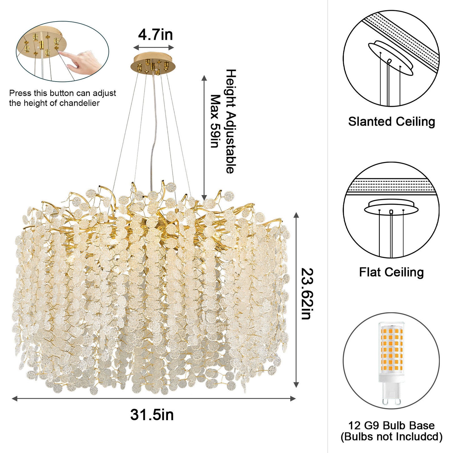 Akari Lanterns Tree Branch Glass Art Gold Coin Chandelier Lighting, D 32"By Akari Lanterns