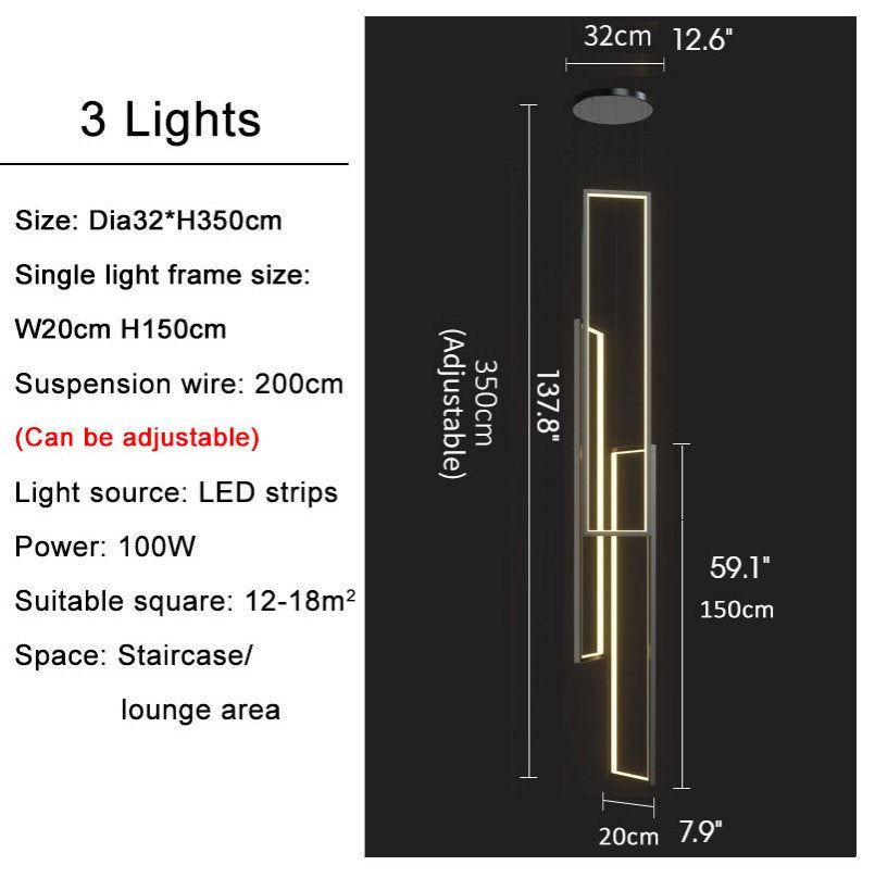 Lavagna | Ultramodern Rectangle Hanging LED Chandelier, Black, 3 Lights (H157.5"), Warm Light, DimmableBy Miron Demid LLC
