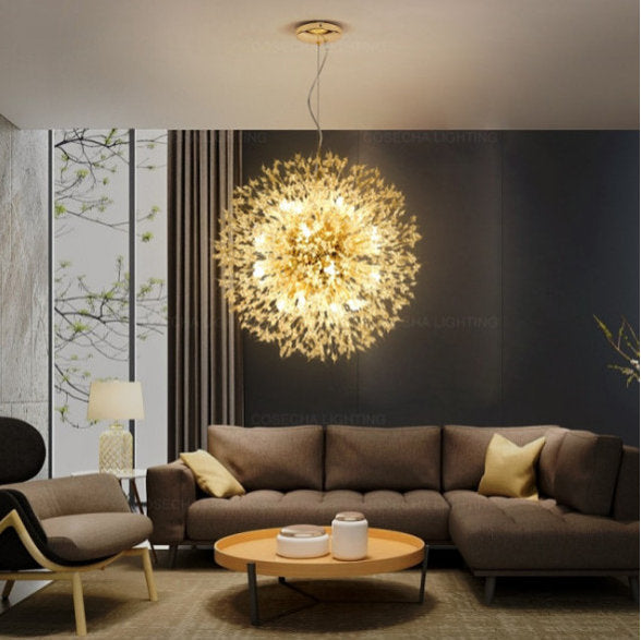 Crystal Dandelion Chandelier Lighting, Gold, D30"By Akari Lanterns