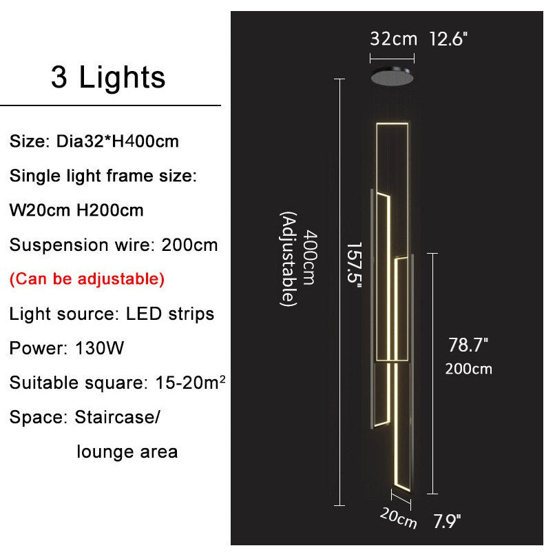Lavagna | Ultramodern Rectangle Hanging LED Chandelier, Gold, 3 Lights (H157.5"), Warm Light, Non-DimmableBy Miron Demid LLC