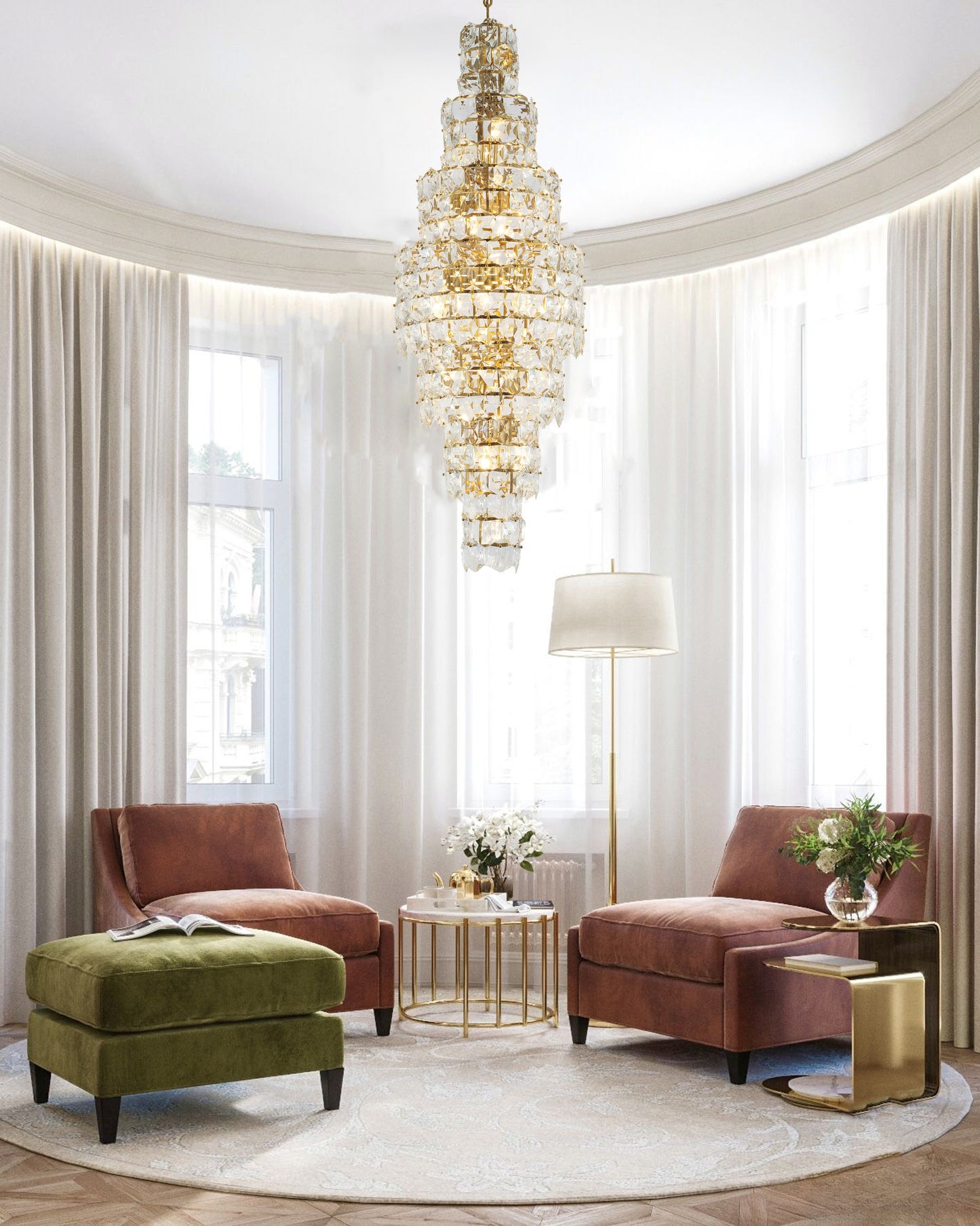 7 Tier Brass Frame Chandelier With Clear Hanging CrystalsBy Design Living