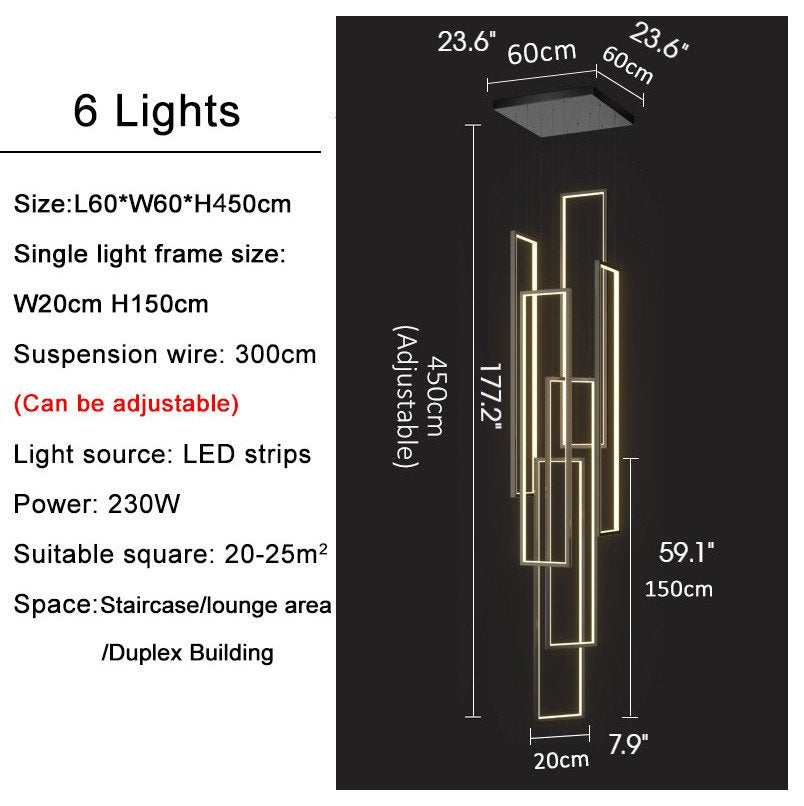 Lavagna | Ultramodern Rectangle Hanging LED Chandelier, Gold, 6 Lights (H177.2"), Warm Light, Non-DimmableBy Miron Demid LLC