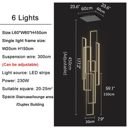 Lavagna | Ultramodern Rectangle Hanging LED Chandelier, Gold, 6 Lights (H177.2"), Warm Light, Non-DimmableBy Miron Demid LLC