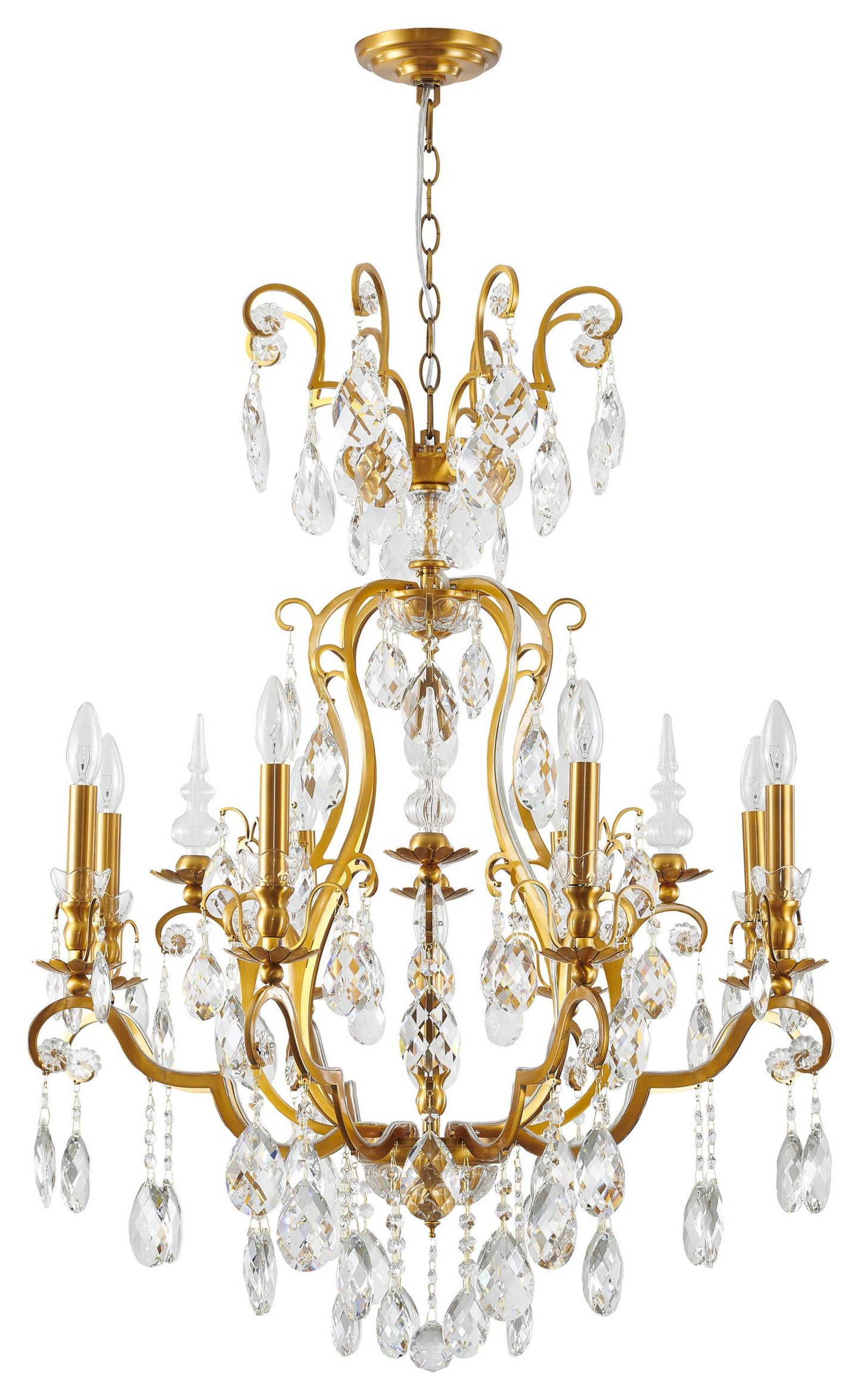 9-Light Antique Brass Chandelier With Clear Hanging CrystalsBy Design Living