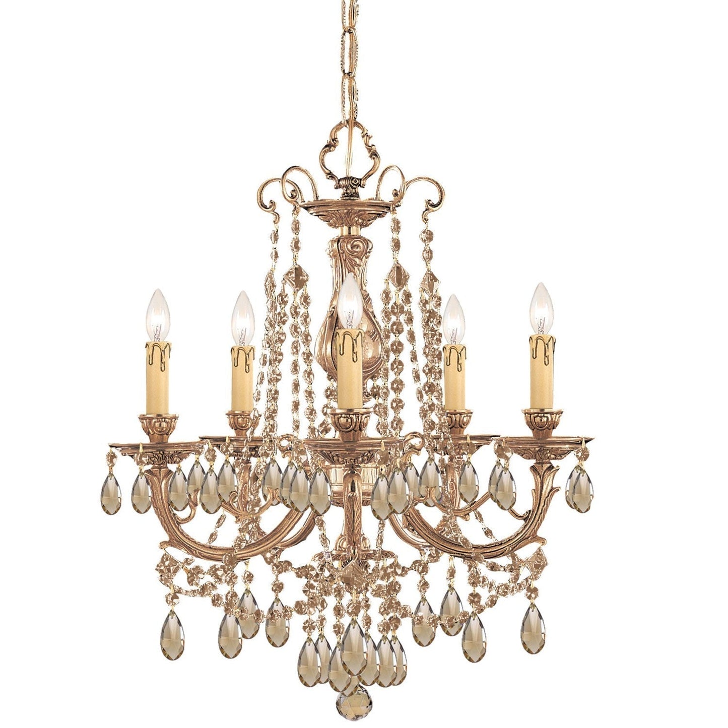 Five-Light Golden Teak Crystal Chandelier